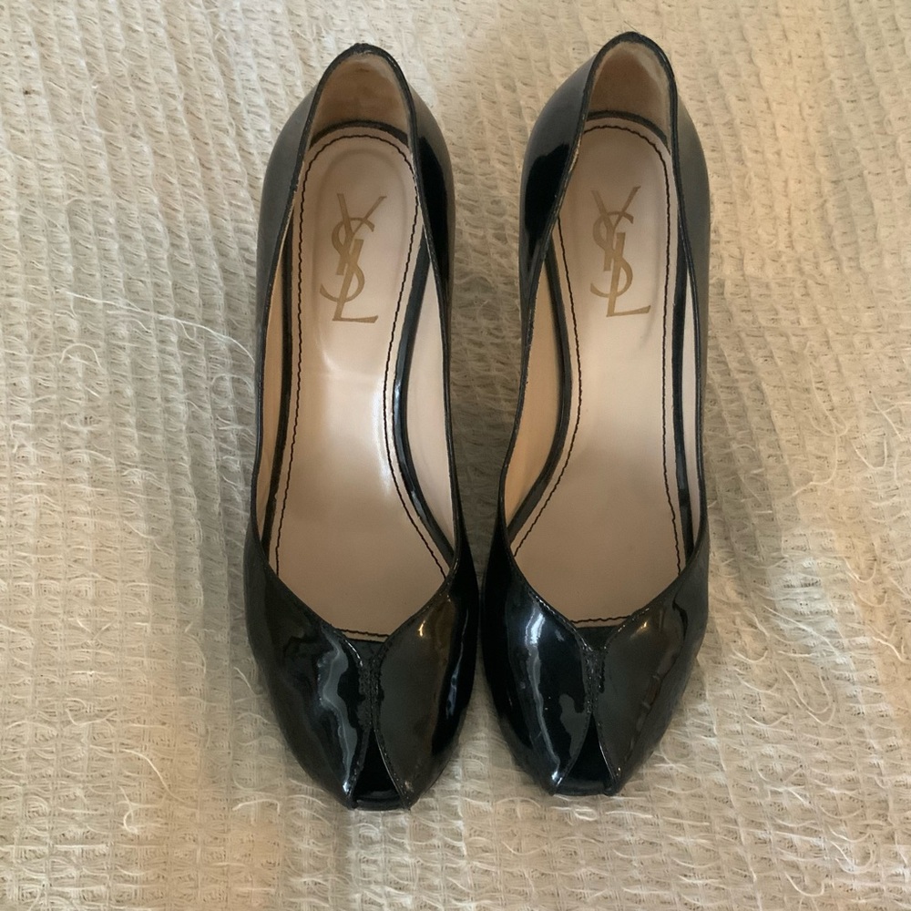 Vintage YSL Yves Saint Laurent Black Patent Leather Peep Toe Heels 37.5 Pumps